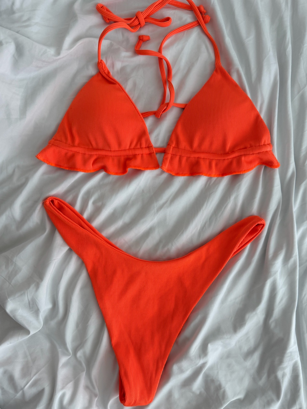 Floerns Orange Rib Knit Triangle Bikini Set